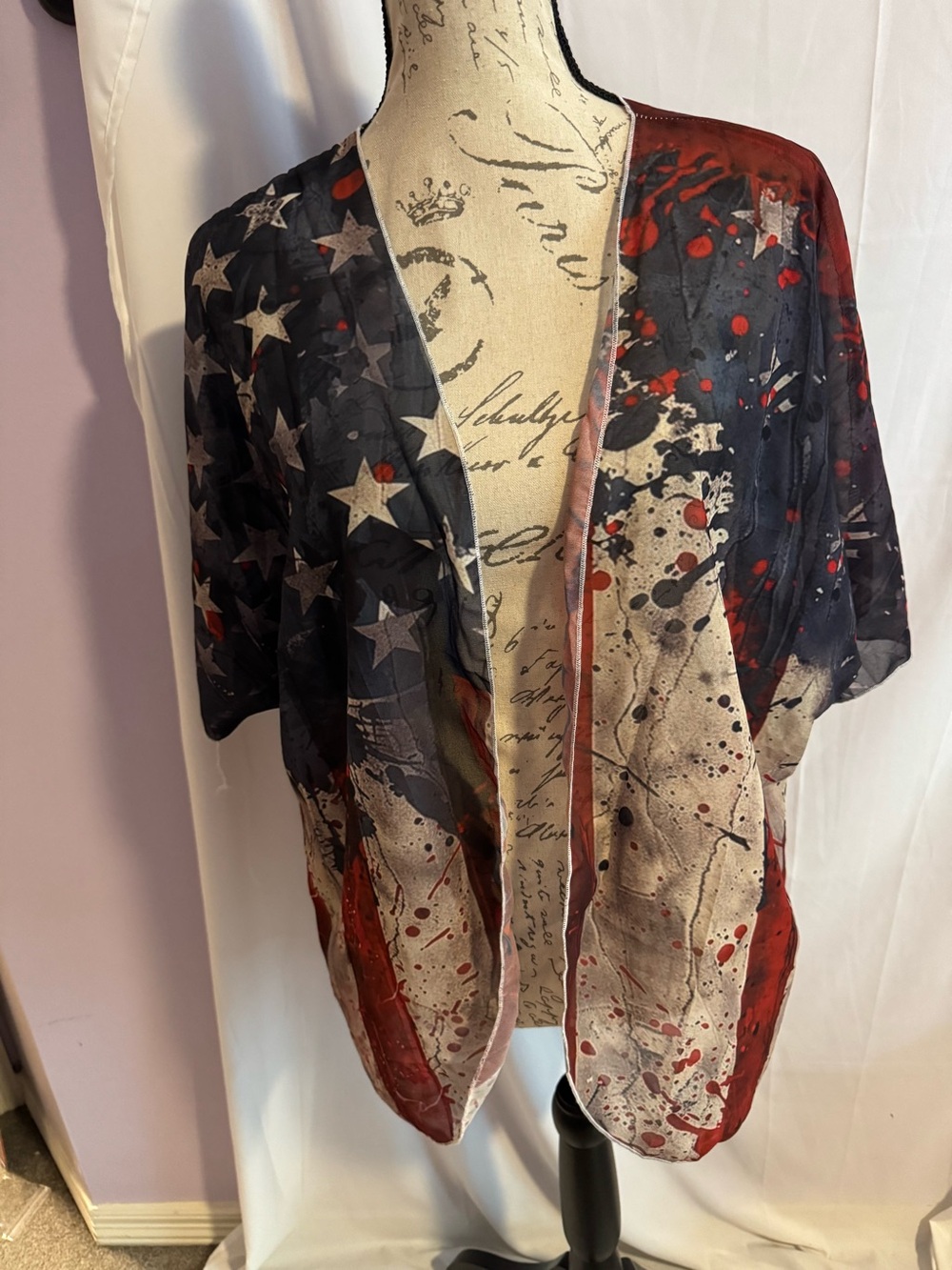 Patriotic Star & Stripe Sheer Kimono Cardigan - Red, Navy, Beige